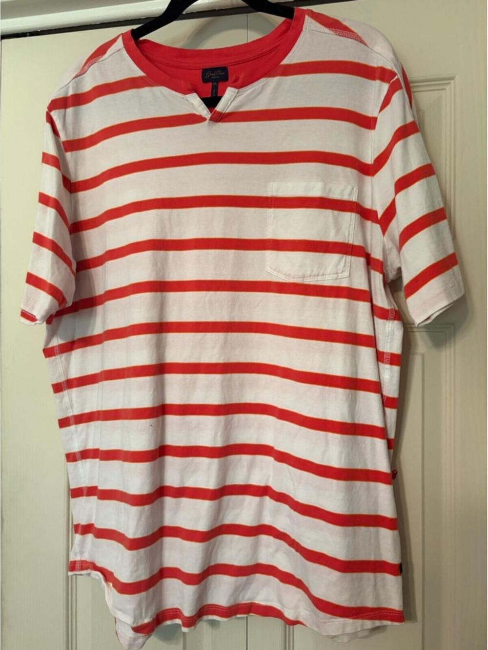 Good Man Red Orange White Striped Pocket T-Shirt XXL 100% Cotton Short Sleeve